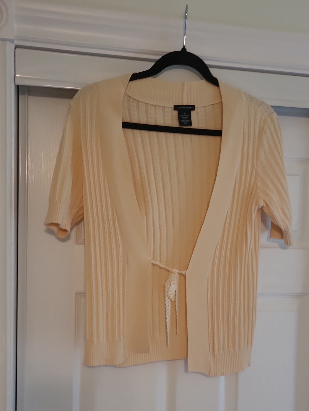 Calvin Klein Light Cream Ribbed Short-Sleeve Cardigan with Tie